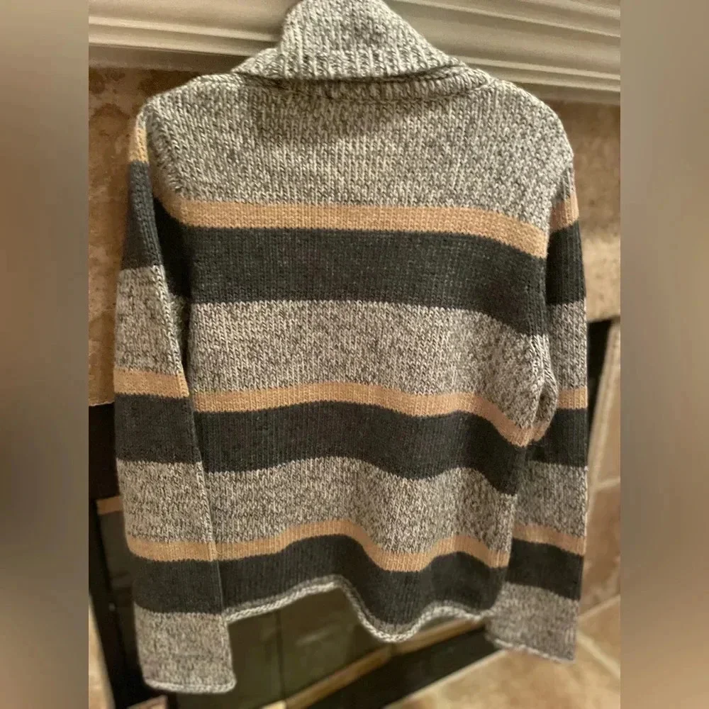 Garnet Hill Wool Alpaca boxy grey gold striped cowl turtleneck sweater
